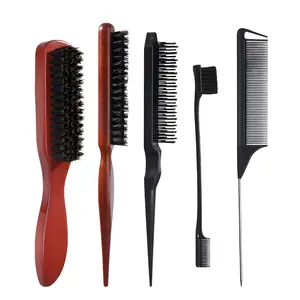5-Piece Hair Heatless Styling Tools Set, Pig Bristle Brush, Lint Comb, Tail Comb, Create Salon-Quality Hairstyles at Home, Party Style Essentials, Hair Grooming Kit