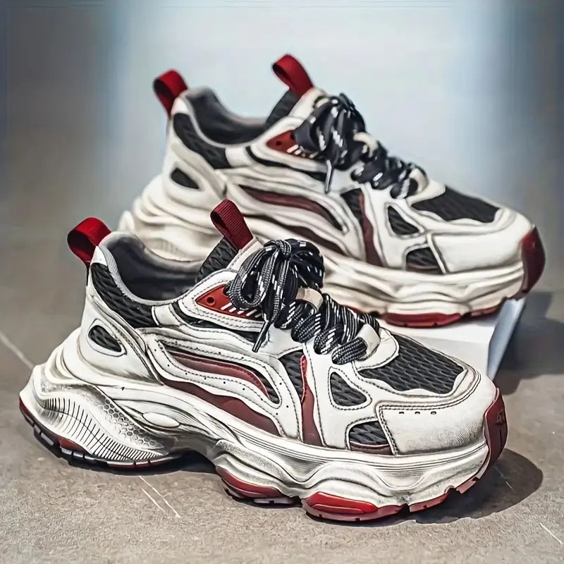 BDHJYDB Men'S Breathable Mesh Chunky Sneakers - Stylish Dad Shoes with Thick Sole, Red Accents, and Rugged Footbeds for All-Day Comfort, Casual Sneakers | Trendy Dad Shoes | Rubber Sole Sneakers