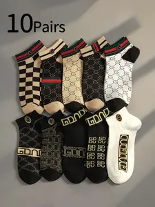 Men's Vintage Chessboard Letter Ankle Socks, 10 Pairs, Moisture-Wicking Breathable Sports Socks, Trendy Footwear