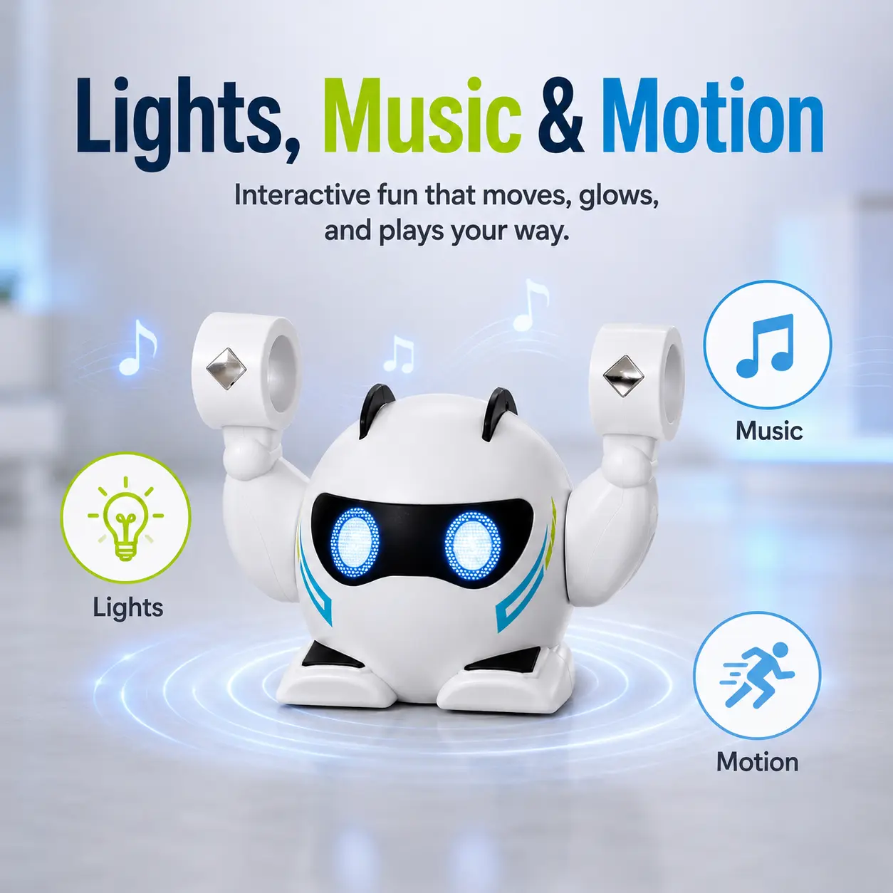 Children’s voice-controlled rolling robot toy that wakes up with a clap, rolls and spins, features music and lights, touch sensing, and supports multi-player family interaction; suitable for children aged 3 and up and ideal as a holiday gift.