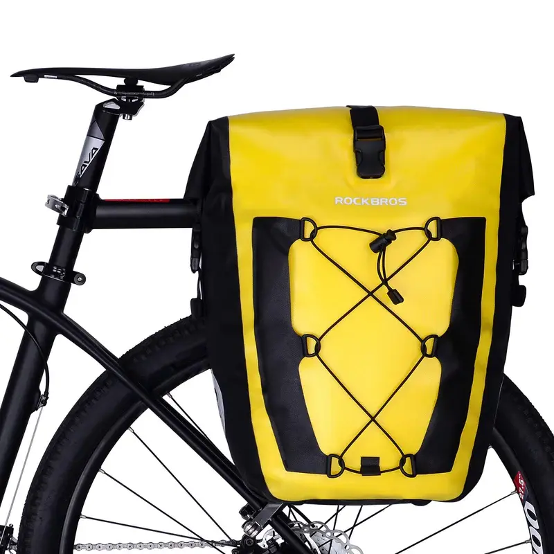 ROCKBROS 27L Bike Pannier Bag, Waterproof 840D Nylon Roll-Top with 360° Rotating Mount, Reflective for Ebike Accessories & Bike Gear, Saddlebag Accessories