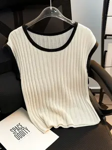 Women's Colorblock Ribbed Knit Vest, Contrast Binding Round Neck Sleeveless Top, Casual Lightweight Summer Sweater, Office & Vacation Wear, Womenswear