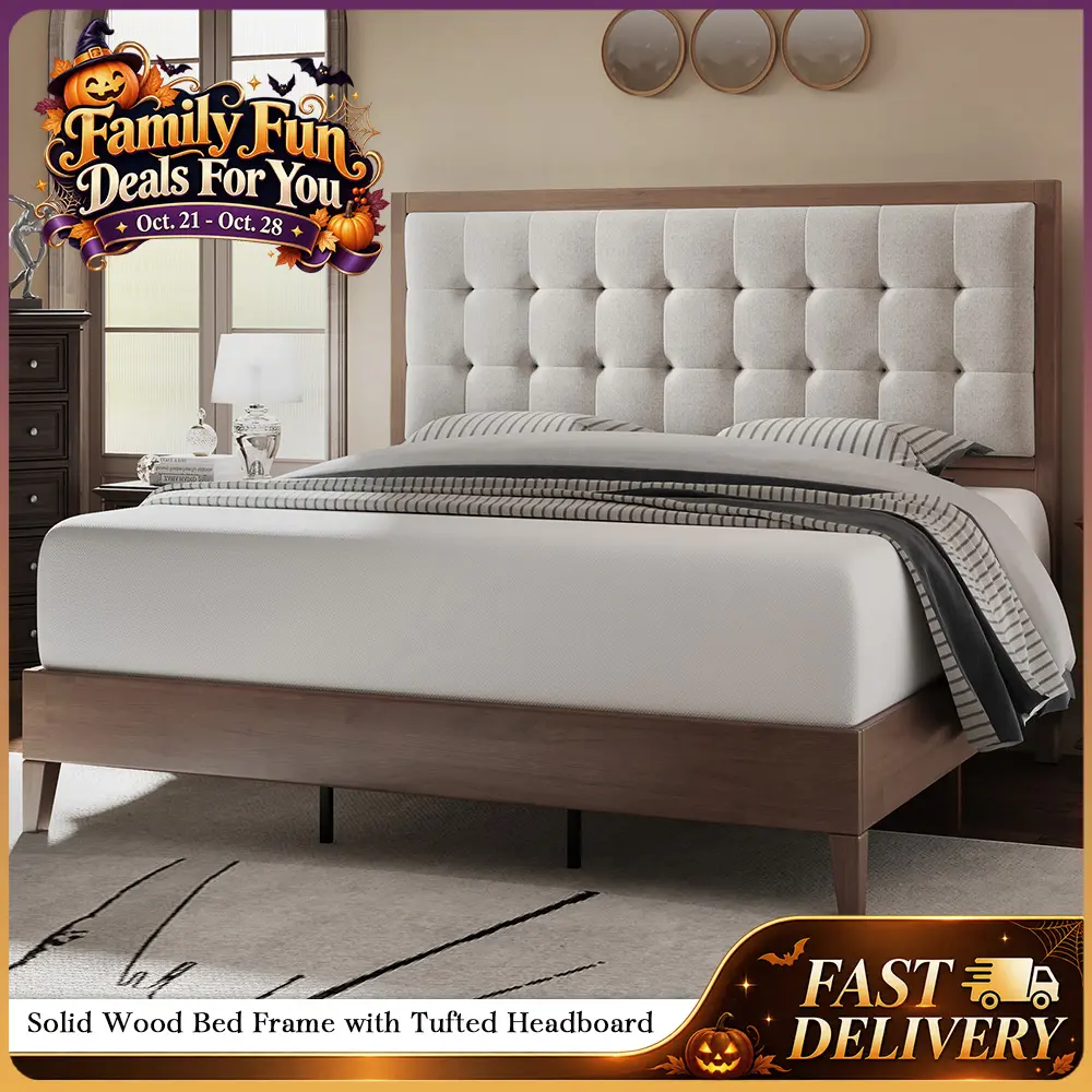 AMERLIFE Solid Wood Platform Bed Frame with Upholstered Tufted Headboard/Solid Wood Foundation, Pull-spot Tufted Handcraft, No Box Spring Needed, Bedroom Furniture/Christmas Gifts/Best Gift Ideas/Cozy Home