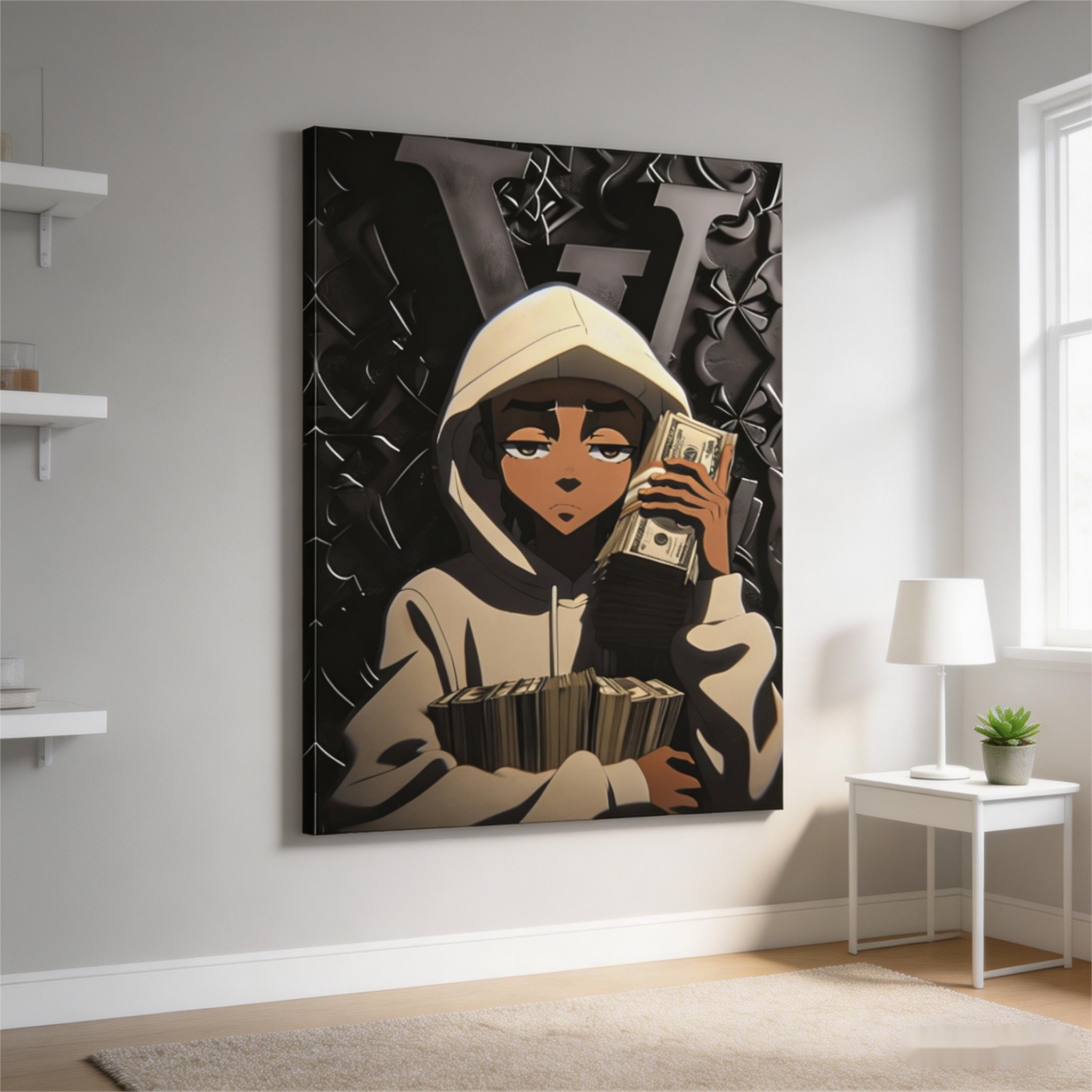 Wealth Motivation Wall Art Posters, Street Style "Cash King" Decor Paintings, Anime Hooded Boy Canvas Prints, Hip-Hop Money-Themed Decorations for Bedroom, Living Room, Study & Gaming Room
