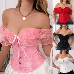 Off-Shoulder Puff Sleeve Corset Top, Vintage Lace Trim with Boning Structure, Flattering Bustier Style for Women's Party Wear