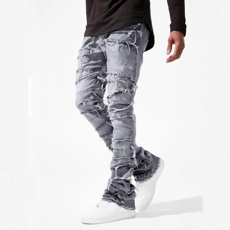 New Arrival Men's Stretch Straight Casual Denim Pants - Streetwear Style with Patch Detail, All Seasons Tight Fit Move-Friendly Jeans 83102
