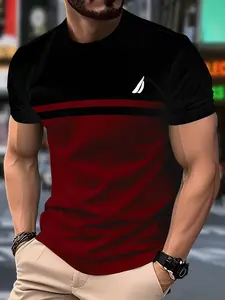 Men's Casual Street Fashion Round Neck T-Shirt, Polyester Knit Fabric, Slight Stretch, Regular Fit, Striped Pattern, Short Sleeve Tee, Top