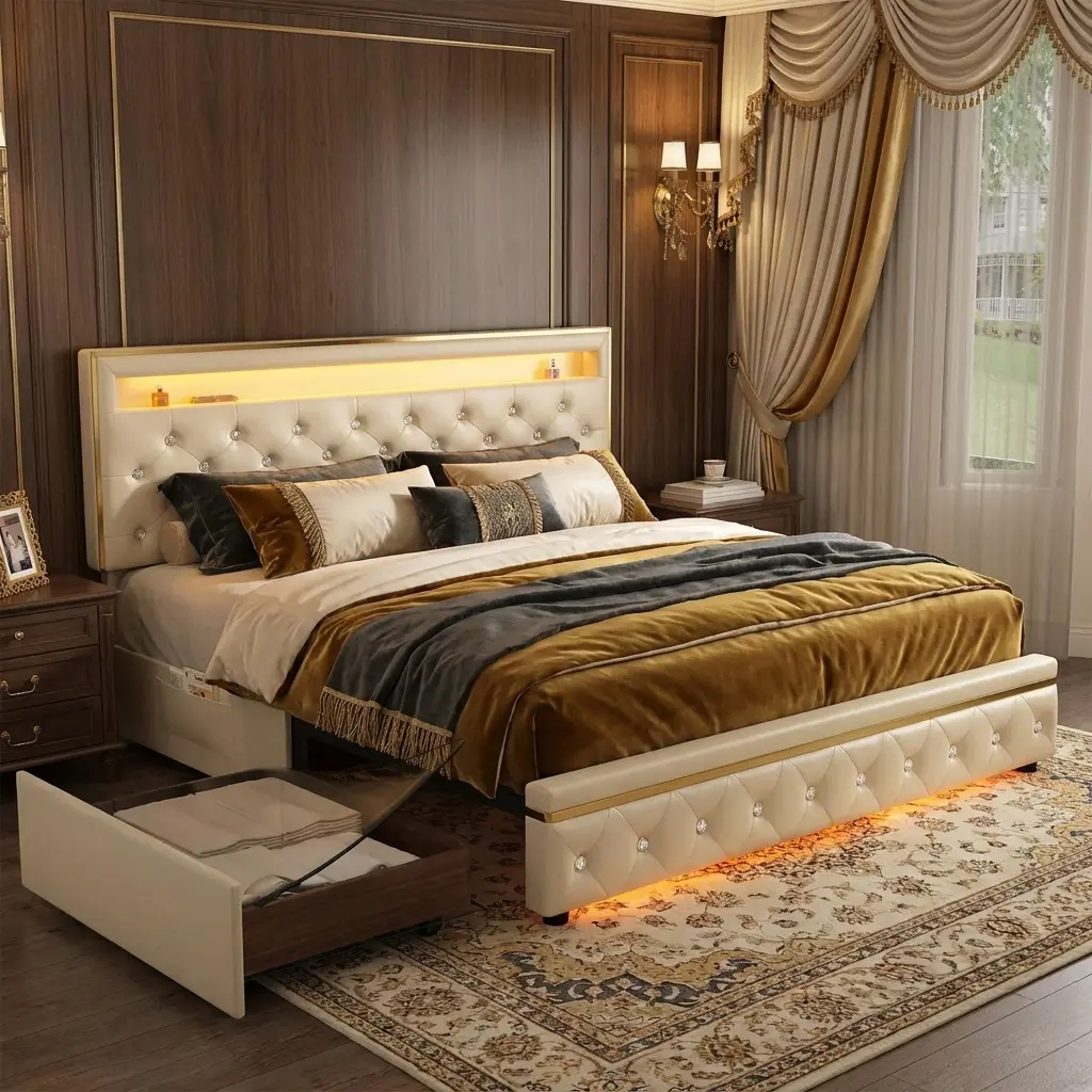 [Summerwins] Sibeds Queen Size Smart LED Bed Frame with Storage Drawers, PU Leather & Velvet Upholstered Platform Bed with Adjustable Crystal Button Tufted Headboard, No Box Spring Needed, Modern Design, White/Black/Gray/Beige