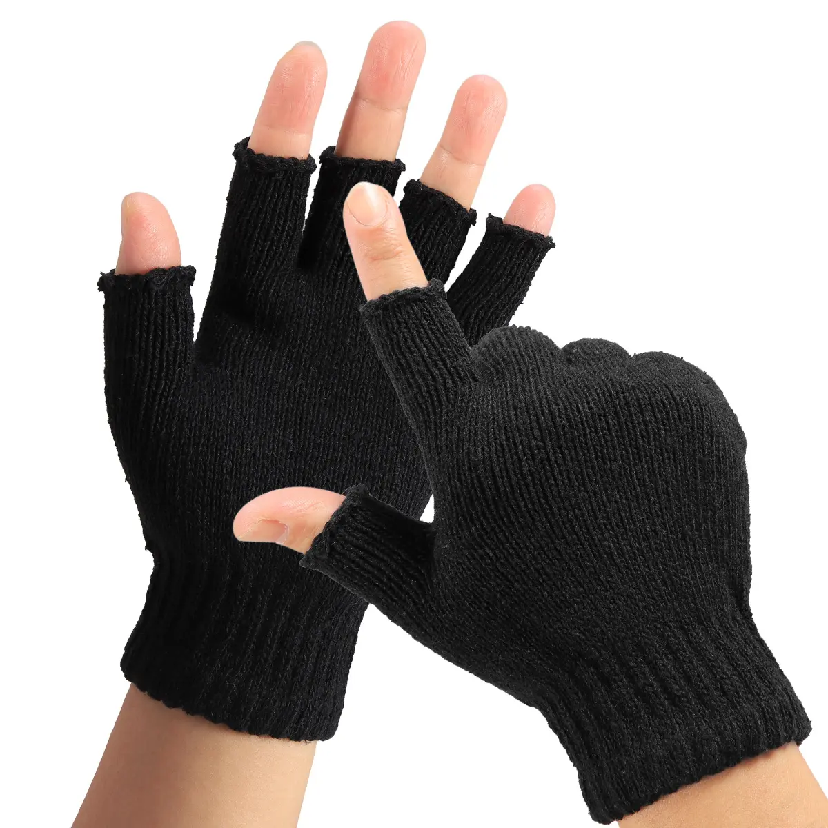 DAZONE Black Fingerless Gloves for Men & Women, Knit Acrylic Fiber Thermal Mittens with Flex-Fit Stretch in Common Sizes for Typing & Texting, Machine Wash, Warmth Boost, Touchscreen Gloves, Daily, Plain, Unisex
