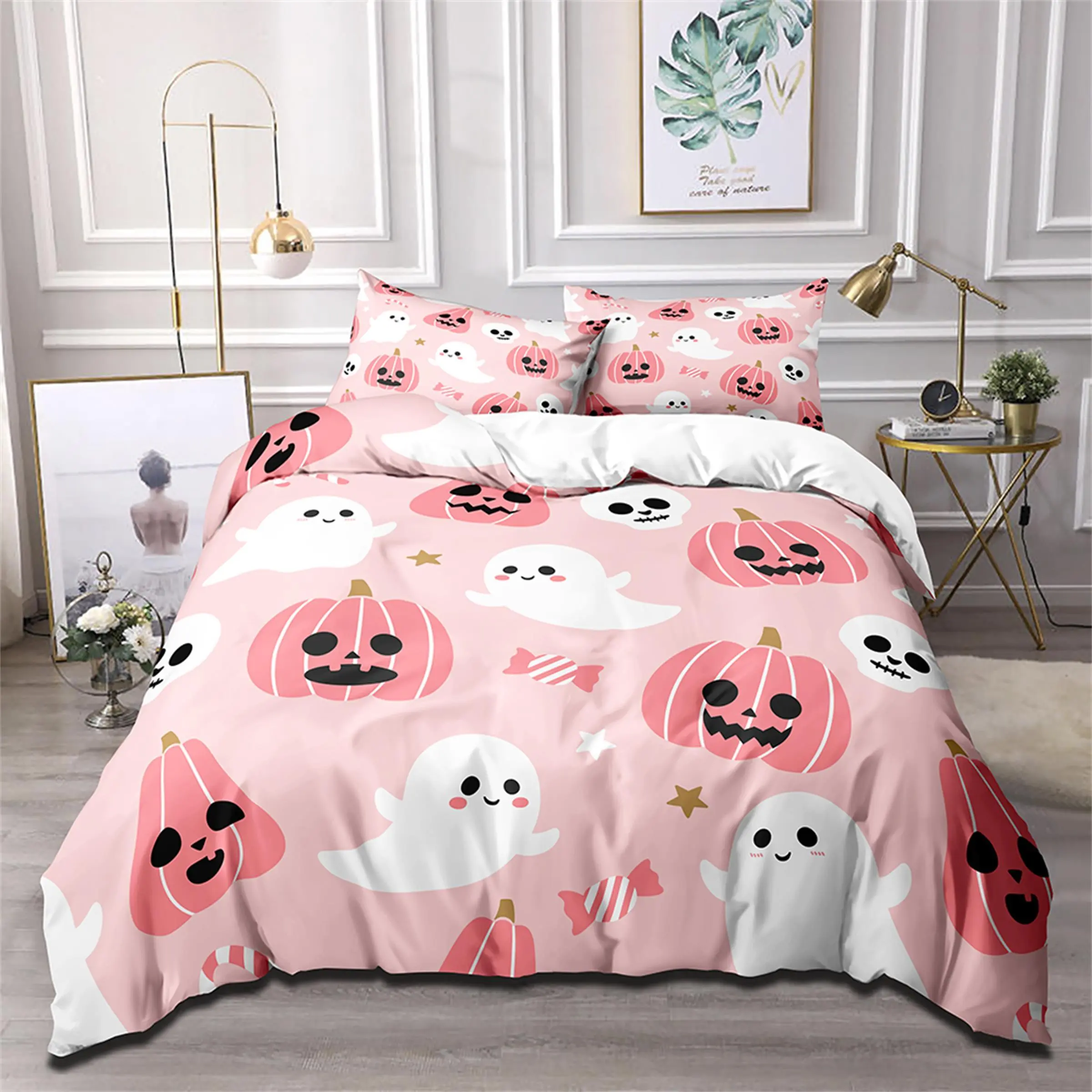Halloween Themed Cartoon Ghost & Pumpkin Pattern Bedding Set, 1 Set Including 1 Duvet Cover & 1/2 Pillowcase without Filler, Soft Comfortable Bedding Set for Home Bedroom