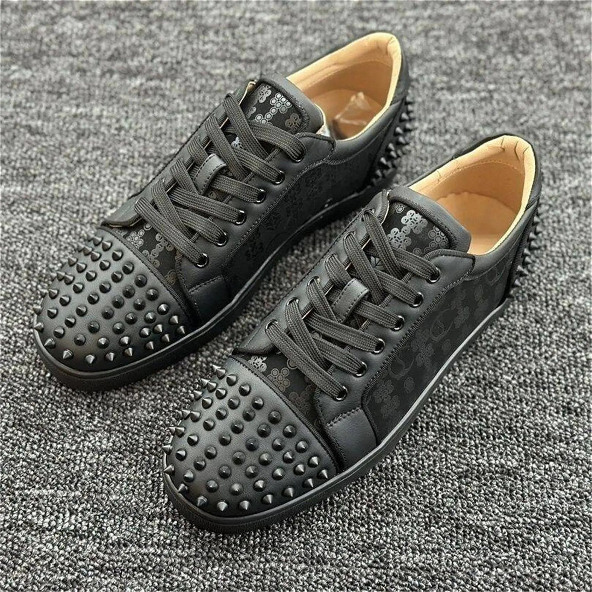 Graphic Print Studded Sneakers with Red Sole – Artistic Streetwear Shoes for Men & Women, Vintage-Inspired Design & Metallic Accents