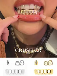 CRUSH CR 18K Gold Plated Mix Match Grillz Set for Men Women, Hollow Open Face Teeth Bottom Grillz Rhinestone Bar Star Cutout Single Caps Dental Jewelry, Removable, Perfect for Hip Hop Concerts, Music Festivals, Club Nights Urban Street Style