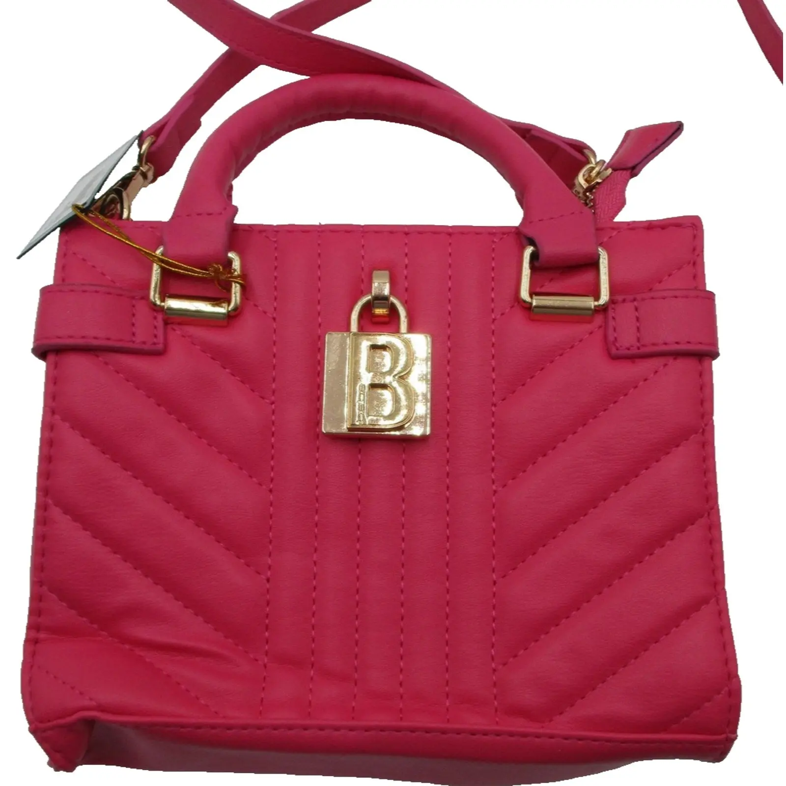 Bebe Satchel Bag Womens Mini Hot Pink Quilted Faux Leather Crossbody Purse Gold