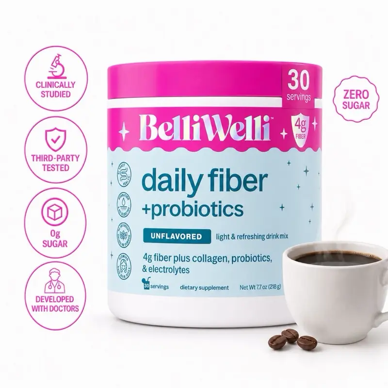 BelliWelli Daily Fiber ZERO SUGAR + Probiotics + Collagen - (30 Servings) Healthy Supplement