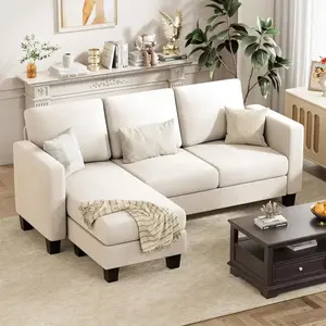 3 Seat L-Shaped Convertible Sectional Sofa Couch Linen Fabric With Movable Ottoman For Small Apartments