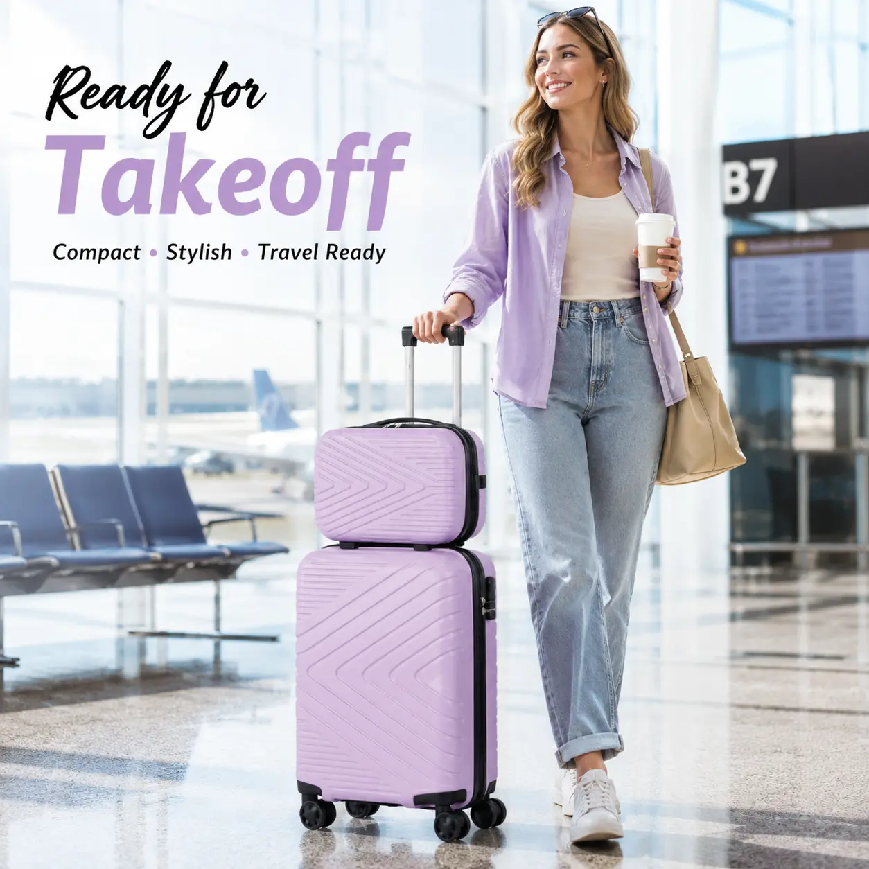 2-Piece Carry-On Luggage Set, Hardside Wheeled Travel Luggage Bags, PC ABS Lightweight Lockable Suitcase with 4 Spinner Wheels (14in/20in Purple), Hardside Luggage