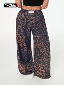 Women's Leopard Print Wide Leg Pants, High Waist Elastic Waist Loose Fit Street Style Long Pants, Fashionable Casual Wear, Casual Street Trousers, Casual Lounge Pant, Casual Streetwear Pants