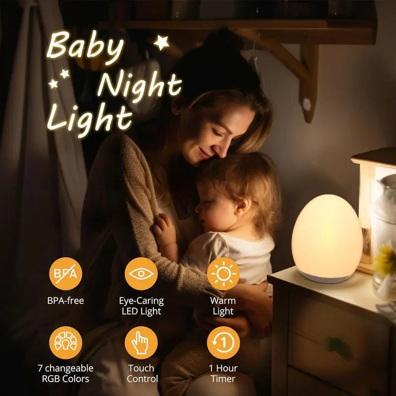 Baby Night Light for Kids Egg Light for Nursery with 7 RGB Colors Changeable Stepless Dimming Rechargeable Tap Light with 1h Timer Touch Control BPA Free Safe Material Nightstand Led Adjustable Rgb Lighting