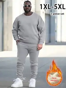 Men's Oversized Fall Winter Thermal Sweatshirt Set, Round Neck Long Sleeve Fleece Pullover, Solid Color Pants Two-Piece Matching, Plus Size