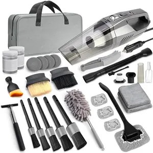 Car Detailing Kit for Men - High-Power Handheld Vacuum, 10 Detailing Brushes & Storage Bag in Gray