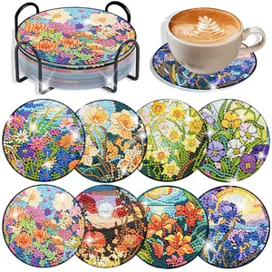 8-piece 5D Diamond Art Kit, featuring vibrant floral DIY diamond painting coasters, includes a cork mat, storage rack, and tool bag. Suitable for adult craft enthusiasts.