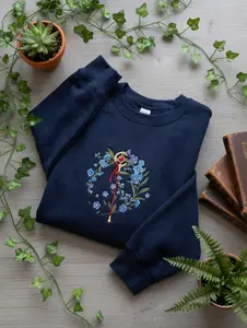 Embroidered Anime Wand Floral Crewneck Sweatshirt, Blue Flowers Crewneck