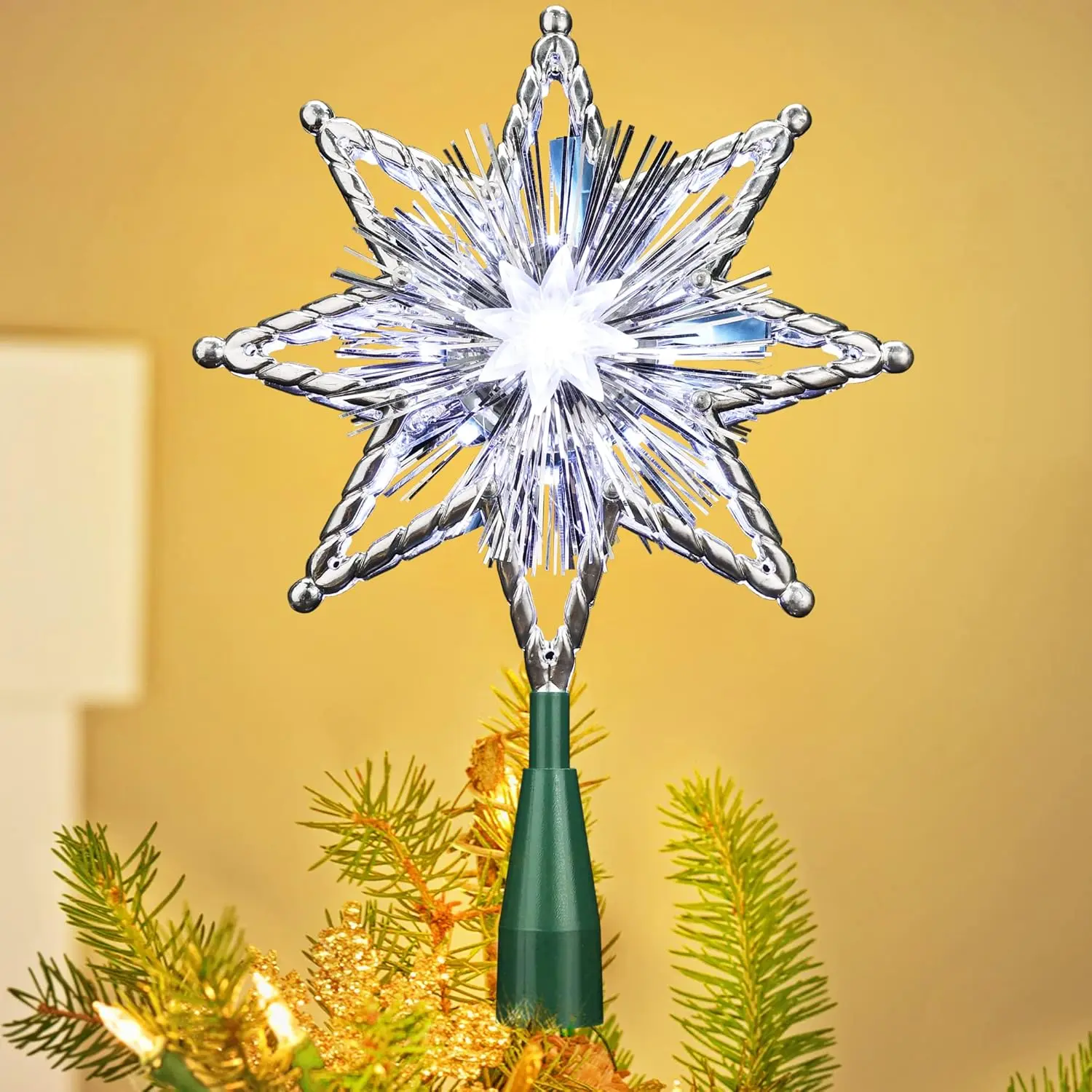Brizlabs Christmas Tree Topper Star, 8in 120V UL Certified Double Sided 8-Point Star Christmas Treetop Lights, Indoor Lighted Christmas Tree Decorations for Xmas Home Party Wedding Decor, Cool White