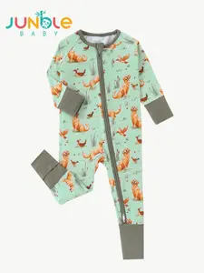 JUNBLEBABY Baby Bamboo Fiber Dress with Golden-Haired Dog Print Double Zippers Soft Fabric Reversible Foot Cover One-Piece Play Suit