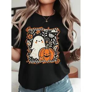 Adorable Vintage Halloween Pumpkin Graphic Tee for All with Autumn Leaves and Checkered Frame Perfect for Fall Festivities and Casual Celebrations