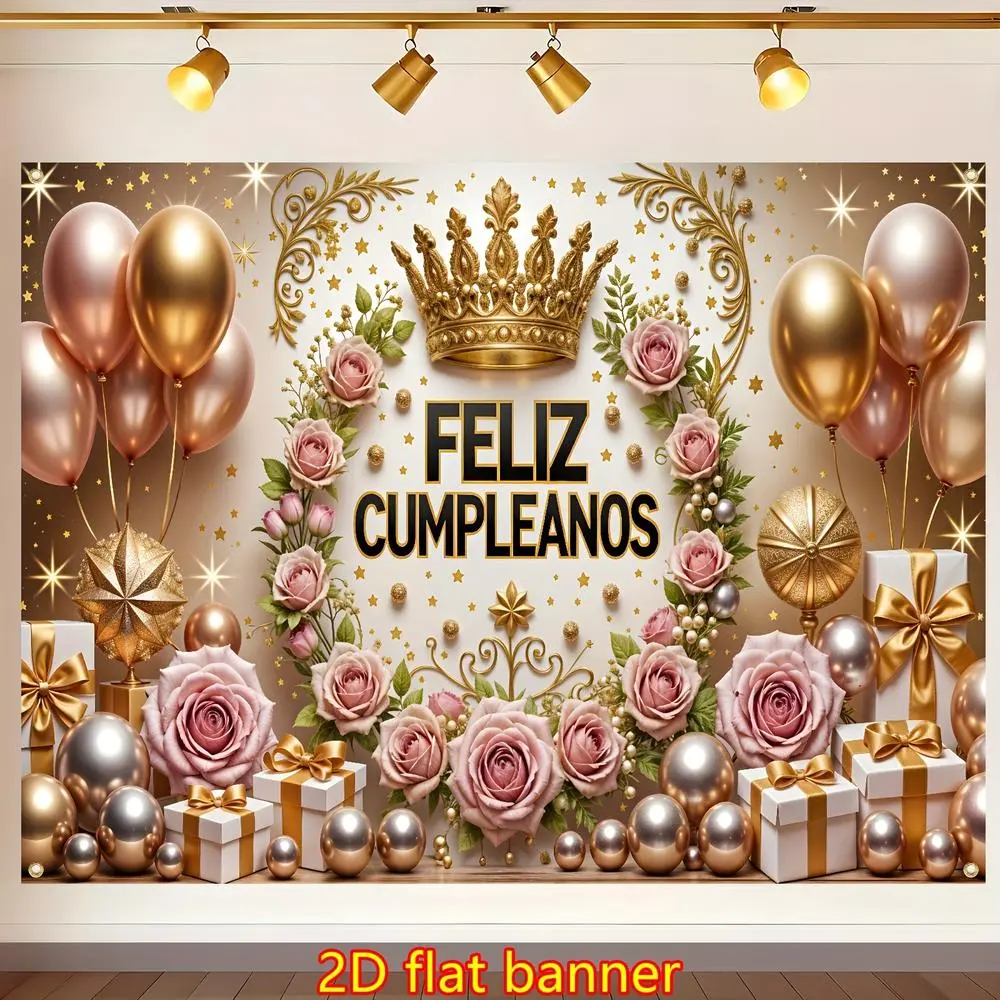 1pc 2D Flat Polyester Decorative Banner - Elegant Spanish Happy Birthday Ornaments (Crown, Rose, Flower Gift Box, Balloon Combo) - Wall Hanging Backdrop for Home Party Decoration Supplies