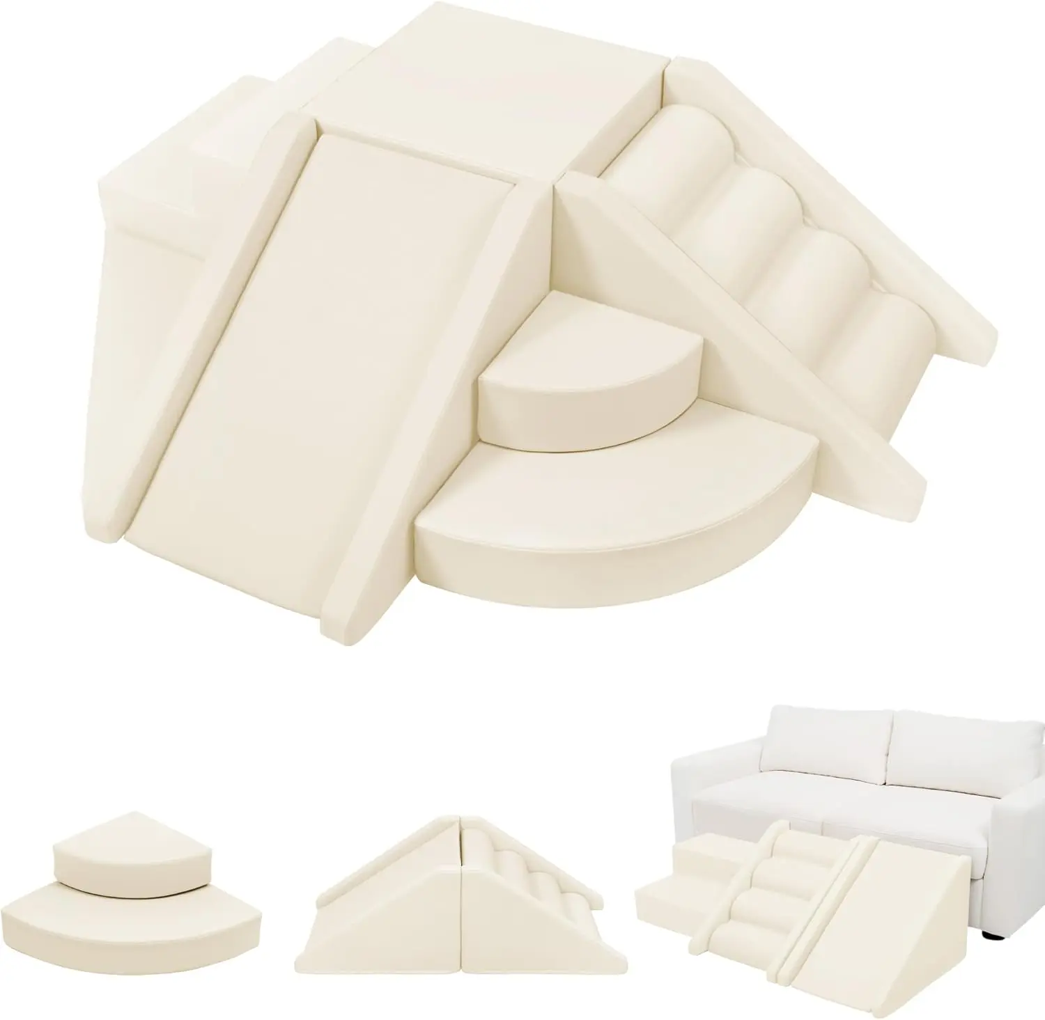9-Piece Modular PU Pastels Waterproof Cream Foam Climbing Blocks Set for Toddlers - Indoor Soft Play Climb & Crawl Tunnel with Stair, Ramp, 1 Scalloped Block for Child Development, 1 Scalloped Stair, 1 Two-Step Stair