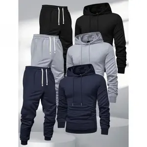 3Pcs Men'S Hooded Sweatshirt And Joggers Set, Polyester Sports Tracksuit, Solid Color, Long Sleeve, Slight Stretch Knit Fabric,(Baokuan), Athletic Wear, Sports Clothes