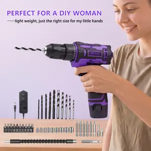 BiHoo 12V Cordless LED Variable Speed Drill Set,drill set for women,Purple Cordless Drill,Electric Power Driver Kit,Mother's Day,3/8-Inch Keyless Chuck,with Drills Bits Set for Home DIY Summervibes  Purple Tool Kit High Torque Impact