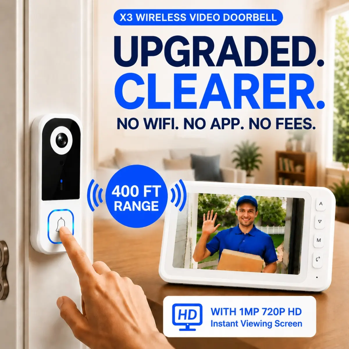 2026 Upgraded No WiFi Video Doorbell with 1MP 720P HD Instant Viewing Screen – Wireless Doorbell Camera, High-Definition Pixels, No App, No Monthly Fees, Night Vision, Two-Way Talk & Stable 400ft Connection