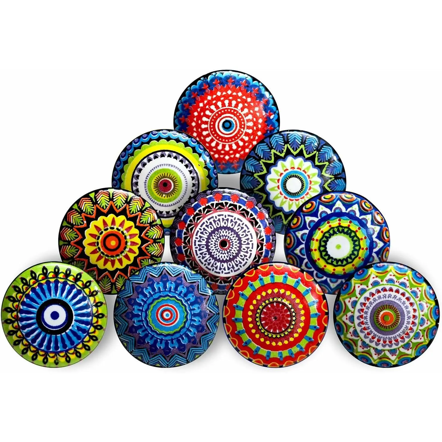 10Pcs Ceramic Cabinet Knobs - Vintage Look Hand Painted Multicolor Handmade Mandala Designs for Door Handles Wardrobe Kitchen Cabinets Drawer Dresser Cupboard Pulls