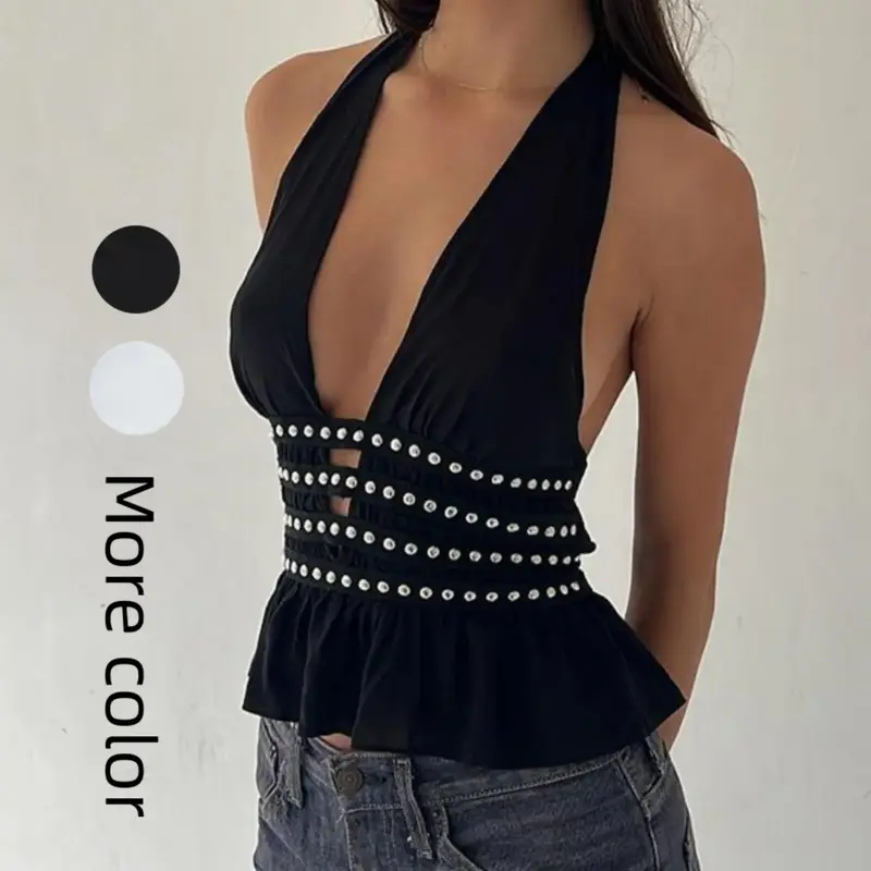 Women's Plain Rivet Decor Halter Neck Tie Back Peplum Top Halterneck Backless, Elegant Chic Fashion Top for Daily Outdoor Wear, Ladies Clothes for Summer Womenswear