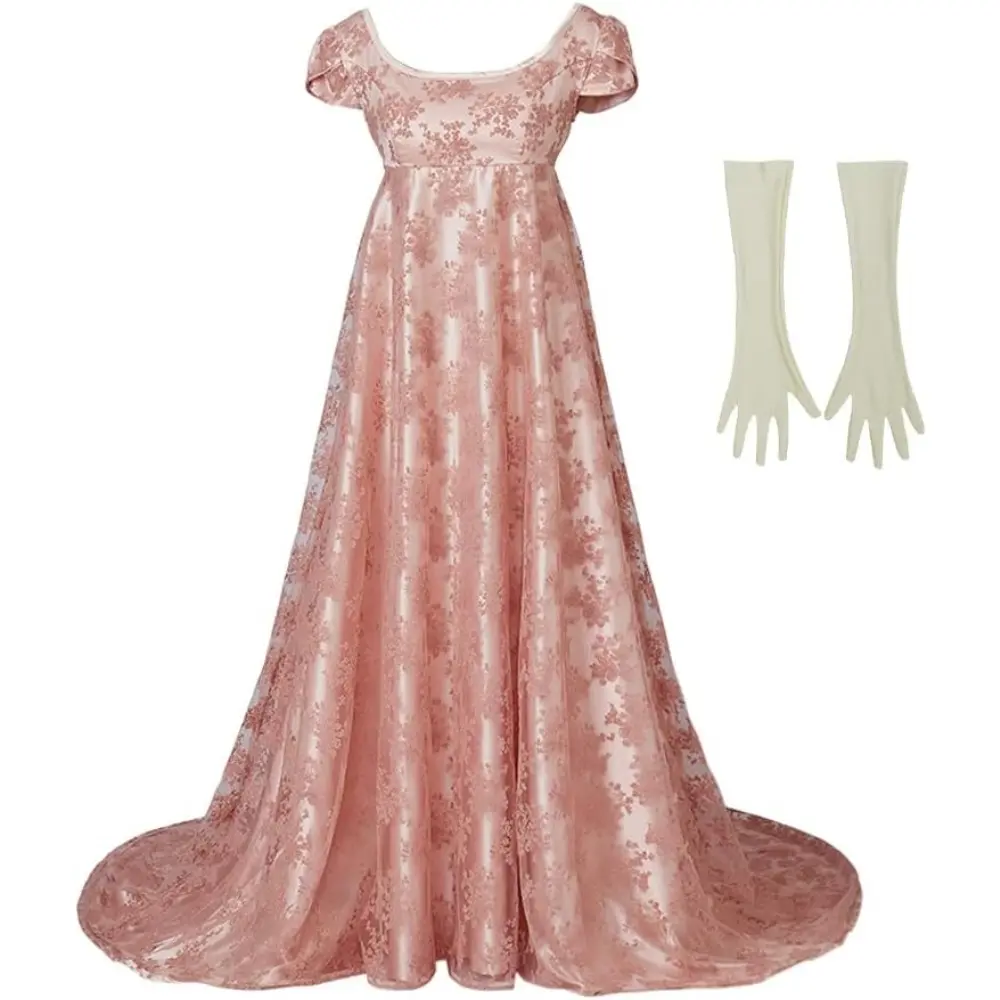 Women's Regency Era Gown with Lace Trim, Elegant High-Waist Polyester Formal Party Wear with Empire Waistline, Fit, Lady, Dress, Xxl, Vintage, Plus Size, High Waisted, Soft Drape, Fabric, Lightweight, Hip, Comfortable