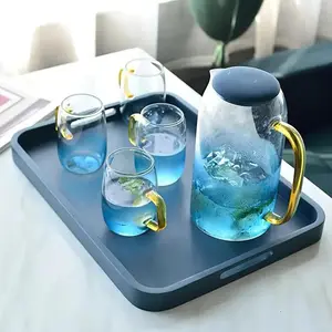 Glass Water Bottle Set with Lid and Spout, Includes 1 Airtight Beverage Pitcher and 4 Cups, 50.72 Oz, Cold & Hot Water, Iced Tea, Coffee, Juice