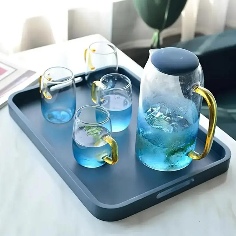 Glass Water Bottle Set with Lid and Spout, Includes 1 Airtight Beverage Pitcher and 4 Cups, 50.72 Oz, Cold & Hot Water, Iced Tea, Coffee, Juice, Water Pitchers