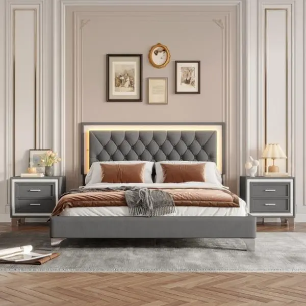 【Bellemave】3-Pieces Bedroom Sets,Queen Size Upholstered Platform Bed with LED Lights and Two Nightstands-Gray 【Bellemave】3-Pieces Bedroom Sets,Queen Size Upholstered Platform Bed with LED Lights and Two Nightstands-Gray
