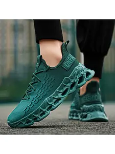 Men's Breathable Flyknit Sneakers, Blade Sole Anti-Slip Sporty Running Shoes, Suitable for Daily Casual Wear