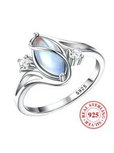 S925 Sterling Silver Ring with Marquise Synthetic Moonstone, Casual Style Vintage Engagement Ring Teardrop Bridal Rings Party Jewelry Gift for Her Vintage Inspired Ring Unique Rings（with box）