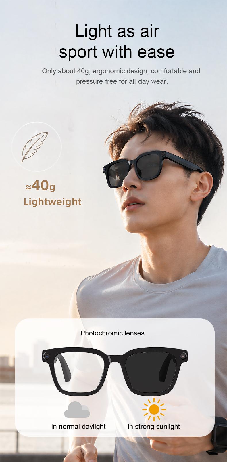 Smart Bluetooth Glasses with HD Camera, 1200p Video Recording Wearable Smart Glasses, Anti-shake Shooting Outdoor Sports Camera Sunglasses, Multifunctional Wireless Audio Glasses with Intelligent Voice Assistant, Built-in Earphone Anti-blue Light Eyeglass