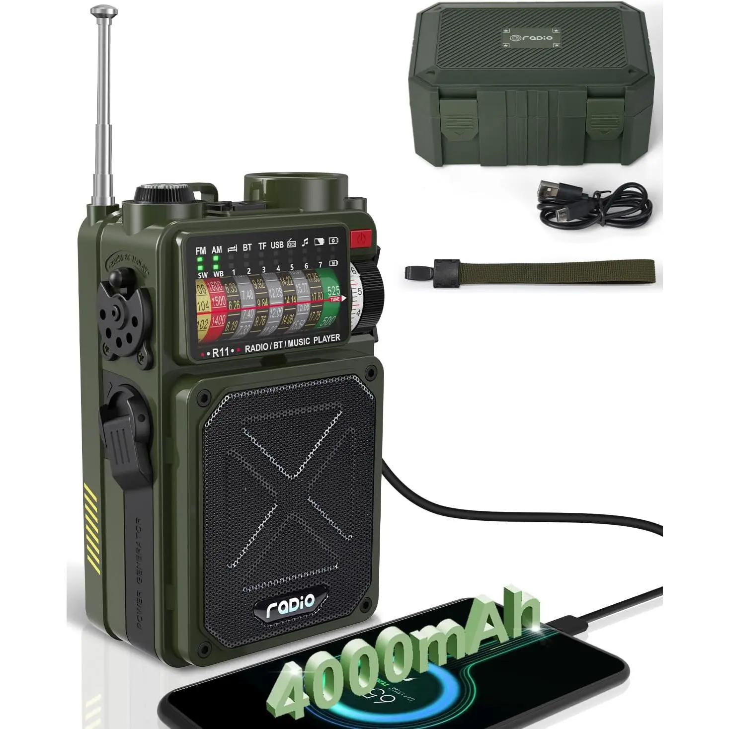 R11  Crank Radio - 4000mAh/14800mWh NOAA/SW/AM/FM, Solar/Hand Crank/USB ,  Receiver/USB/TF Playback,with Compass,Flashlight,SOS for Camping &  - Green