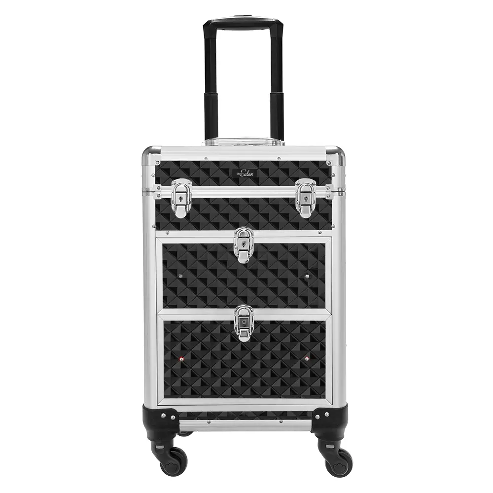 Aluminum Rolling Makeup Train Case, Professional Lockable Cosmetics Organizer Trolley with a Diamond Texture for Travel, Detachable 360° Wheels & Removable Dividers, Organizer Cosmetic Bag, Portable Travel Kit, Travel Makeup Pouch