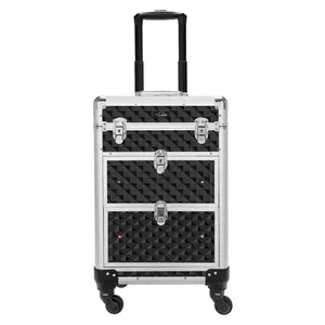 OmySalon Aluminum Rolling Makeup Train Case, Portable Makeup Organizer Suitcase, Cosmetic Storage Box, Travel Beauty Luggage Trolley Lockable w/4 Removable Wheels & 2 Sliding Drawers
