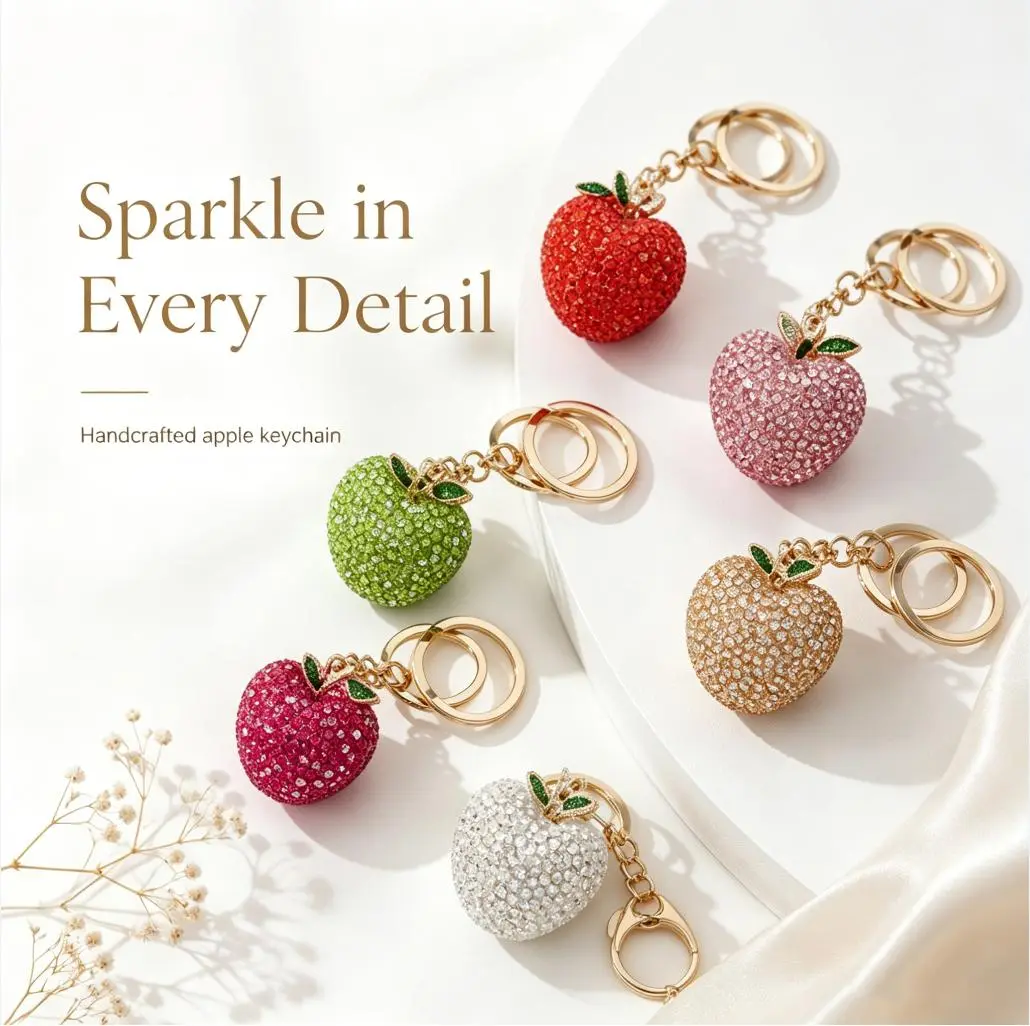 Cute Handcrafted Rhinestone Apple Key Ring, Casual Bag & Car Key Charm, Portable Phone Chain, Lovely Holiday Present for Girls and Children