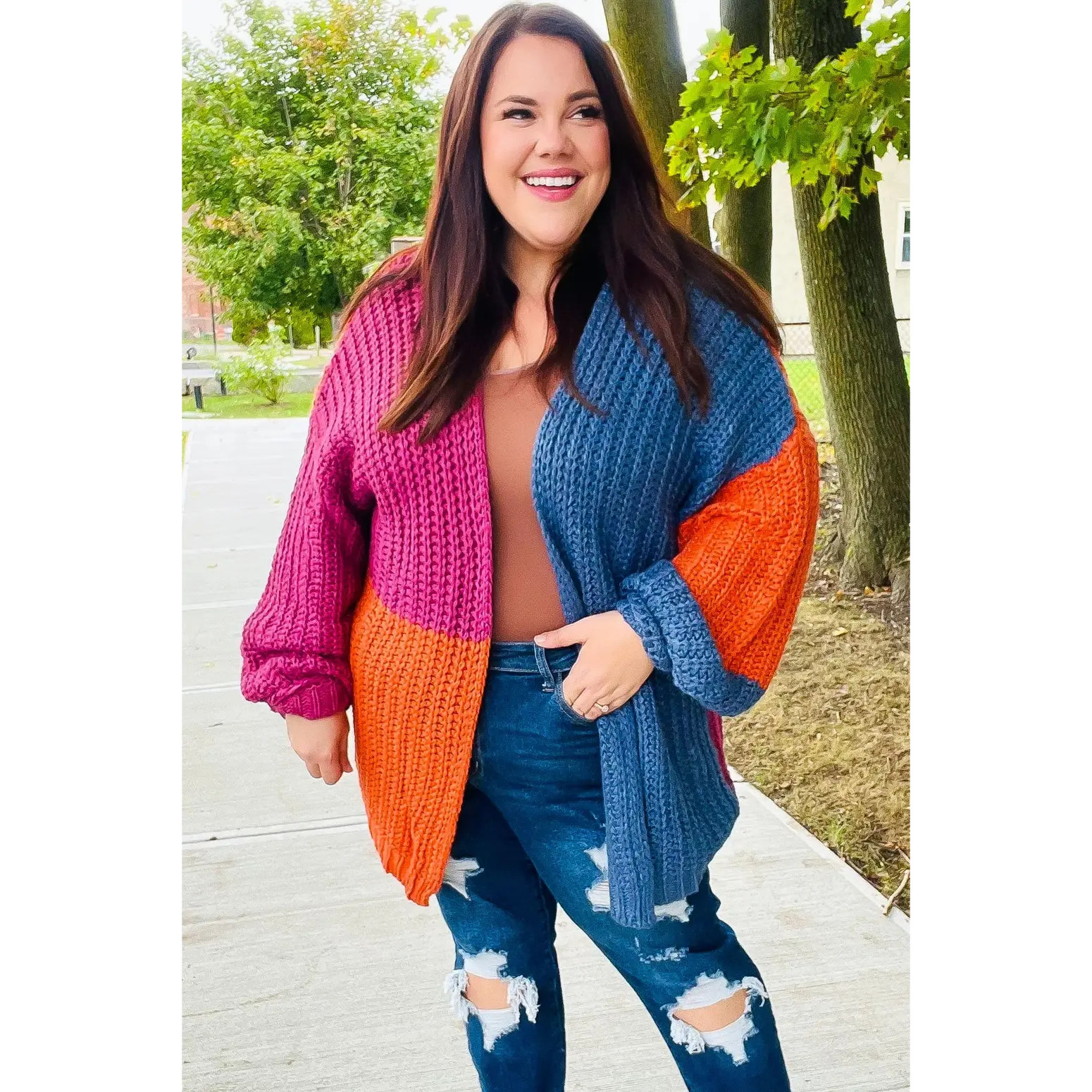 Dazzle In Magenta & Navy Chunky Knit Color Block Cardigan