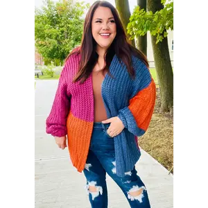 Dazzle In Magenta & Navy Chunky Knit Color Block Cardigan