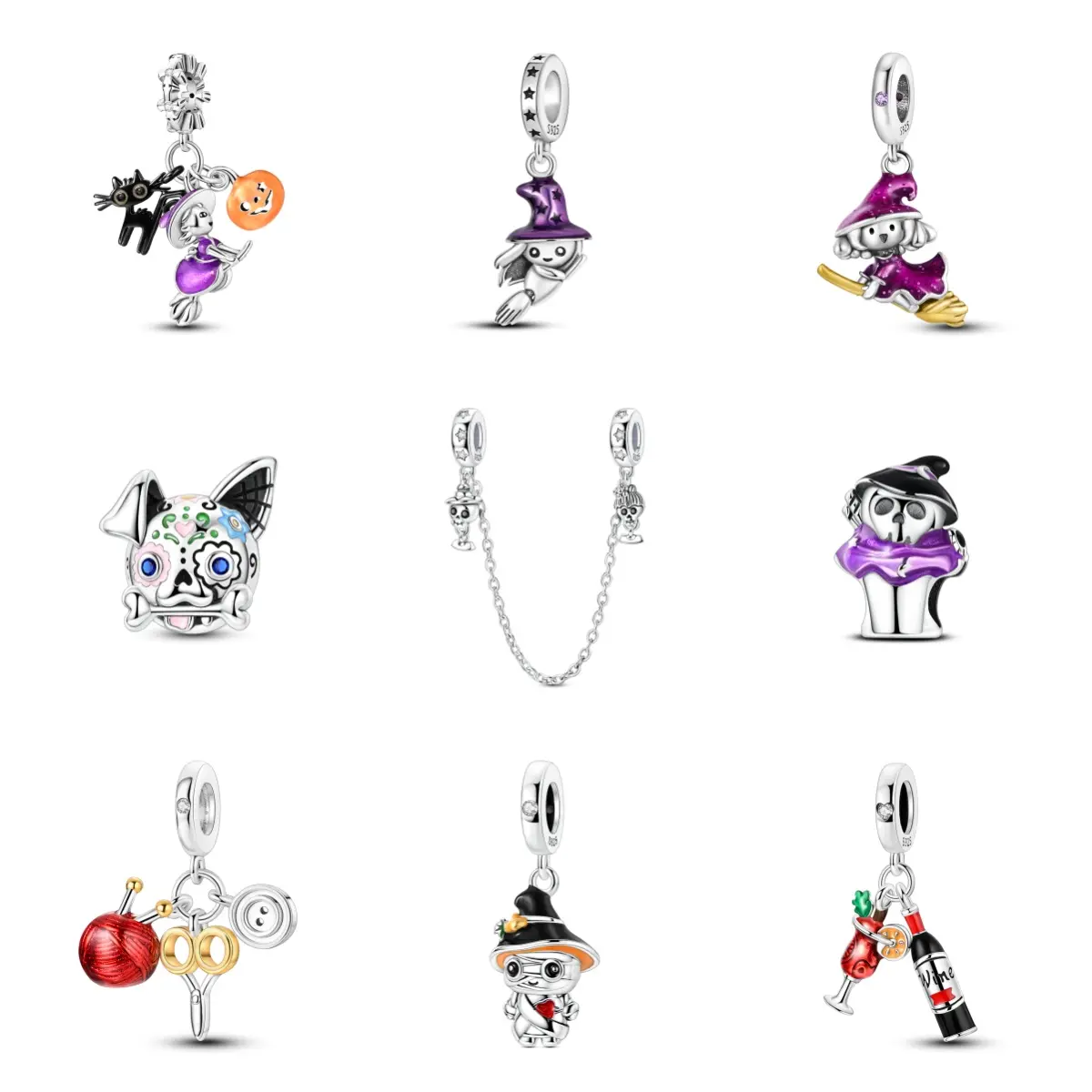 MULA Female Casual Witchy Animal Halloween Charms, 925 Silver-Plated Witch & Sugar Skull Pendant with Cubic Zirconia, Fits Pandora Bracelets & Adjustable Charms Necklace, Witchy Things, Sugar Skulls
